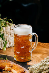 Cold frothy beer in traditional mug, Oktoberfest celebrations, showcasing brewery freshness