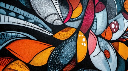 A detailed section of a street art mural showcasing intricate patterns, blending graffiti and fine art techniques