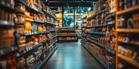 Fototapeta premium Organized Supermarket Aisle with Fresh Produce and Grocery Items