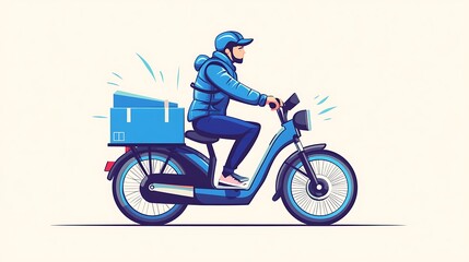 Obraz premium Delivery man riding a blue electric scooter with packages on the back
