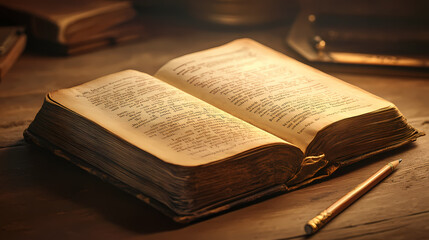 Obraz premium An open antique book with glowing pages lies on a table, with a pencil beside it. ideal for themes of knowledge, mystery, and history. Magic Academy. Illustration