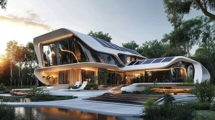 Obraz premium A detailed 3D rendering of a futuristic home exterior with solar panels, clean lines, and sustainable design elements