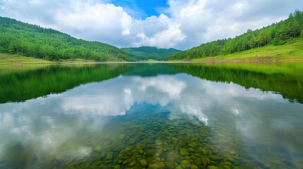 Obraz premium A lake with a mountain in the background and some trees, AI