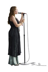 Female performer on stage. Portrait of a woman singing into a microphone. No background png.
