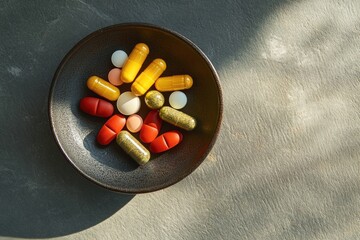 Vitamins and supplements in a small dish, promoting wellness and self-care, with room for text or design