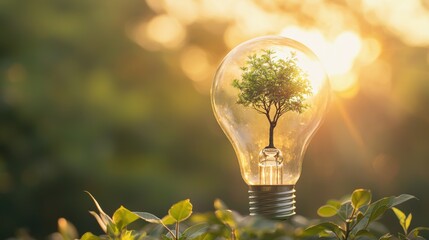 Glowing Tree Inside Light Bulb Represents Sustainable Innovation