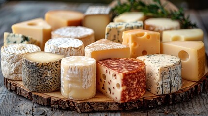 Assortment of Delicious Cheese. Variety of Different Cheeses on Wooden Serving Board Background