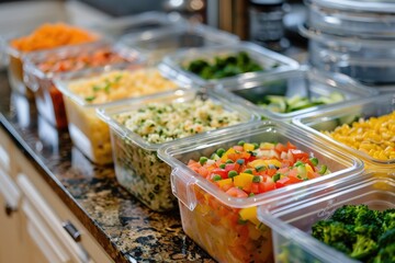 Fototapeta premium A large assortment of food in plastic containers, including salads, generative ai image