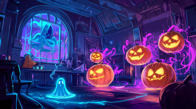 Cartoon ghost wizards casting neon pumpkin spells in a futuristic magic academy. Magic Academy. Illustration