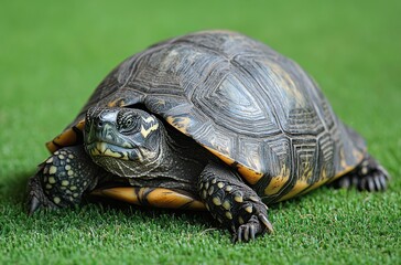 Fototapeta premium An old gray turtle with black stripes peacefully resting on green lawn, showcasing its textured shell and tranquil demeanor
