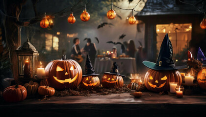 Pumpkins, Jack-o'-lanterns wearing witch hats, candles, and hanging lanterns form the foreground, while a group of people socializes in a dimly lit, decorated outdoor setting.