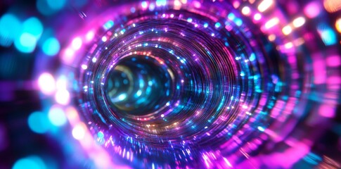 A 3D render with a pink blue neon background with motion blurred lines and bokeh lights. Digital background image.