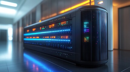 Naklejka premium Futuristic Server Rack with Lights and Digital Display