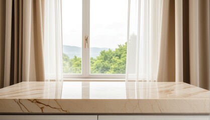 Fototapeta premium Beige Marble Tabletop with Window and Curtains in Kitchen