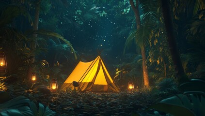 Rain on a cozy tent in the forest, tropical, peace, meditation, camping, night, relax