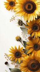 Sunflowers on soft color background, romantic feminine composition, wedding invitation concept.