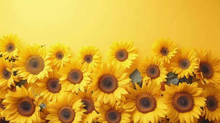 Fototapeta premium Sunflowers on soft color background, romantic feminine composition, wedding invitation concept.