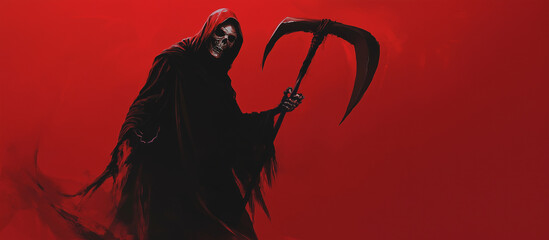 A menacing Grim Reaper, depicted with a skeletal face and long robe, grips his scythe ominously. The simple yet powerful red background emphasizes the dark and unsettling theme, pe