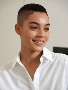 Una joven negra con un corte de pelo rapado y una piel perfecta y brillante
