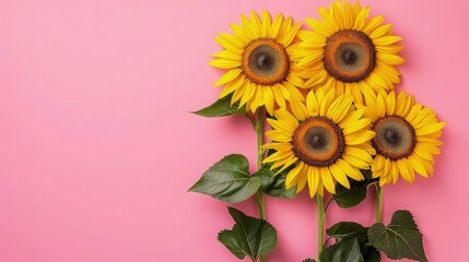 Obraz premium Sunflowers on soft color background, romantic feminine composition, wedding invitation concept.