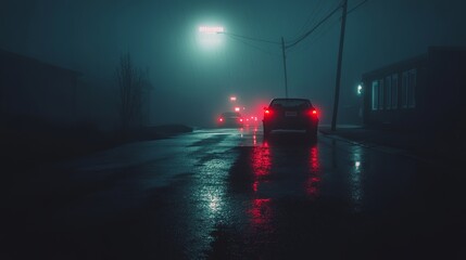 A bright neon light shines on a dark city street, reflected in puddles and water. Abstract night view with blurred bokeh lights.