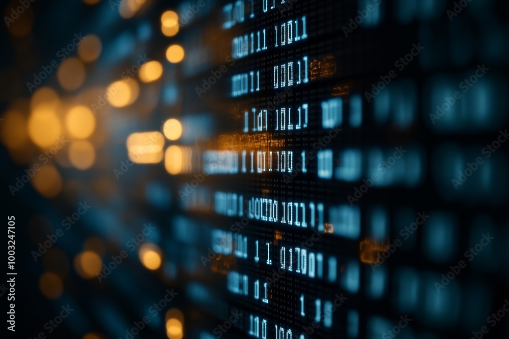 Poster on a blue background, digital binary data is displayed on a computer screen