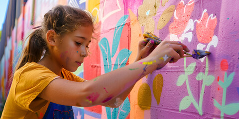 Girl painting mural on wall, Outdoor street art activity
