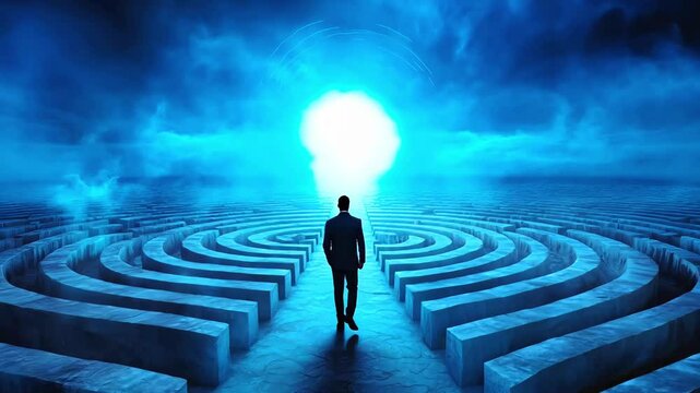 A man is walking down a path in a blue maze scene