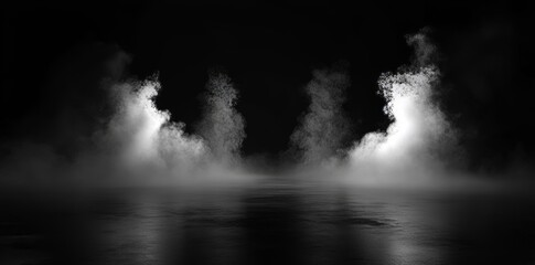 Swirling smoke in a dark and light symphony. Fluid fantasia. Abstract dance of fog and light on floor against black background.
