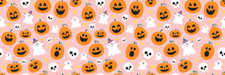 Seamless pattern with hand drawn pumpkin lanterns, ghosts and skulls. Halloween background. Banner. Vector illustration