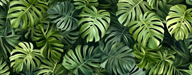 Background of tropical green leaves in a flat lay. Stock photo.