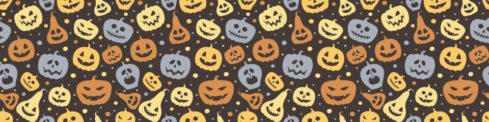 Funny Halloween banner with pumpkins. Seamless pattern. Vector