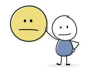 Fototapeta premium Concept of contemplating stickman with emoticon icon. Vector