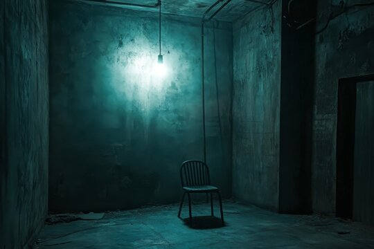 Typical torture chamber or interrogation room with a single chair, banner, header, and wallpaper