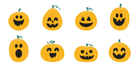 Halloween design with hand drawn pumpkin lanterns. Clipart set. Vector illustration