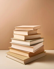 A stack of books with beige and off-white covers neatly arranged against a neutral background. The books vary in size, creating a balanced composition with soft shadows and clean lines.