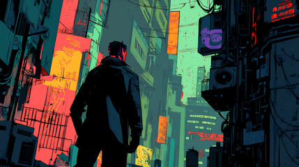 Obraz premium Digital illustration of a cyborg in a futuristic modern cyberpunk city. Cyberpunk Dystopia. Illustration