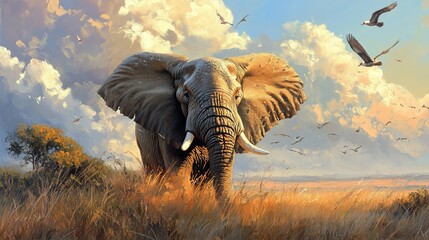 Fototapeta premium A wallpaper with an oil painting of elephants, symbols of power and greatness