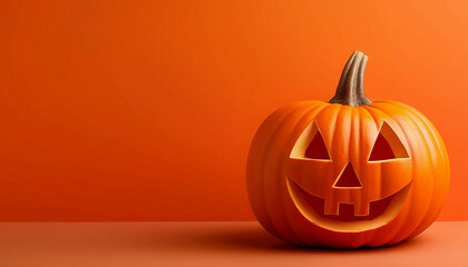 A partial view of a jack-o'-lantern, highlighting its carved smile and geometric eye shapes, placed against a solid orange background.