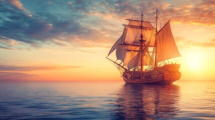 Dramatic sunset sky 4k landscape wallpaper of a majestic sailing ship navigating vast ocean waves