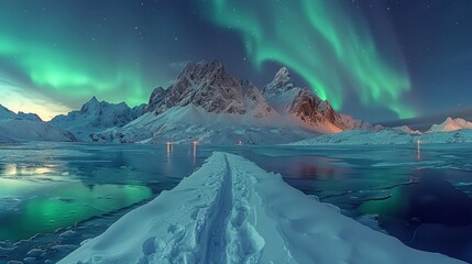 Frozen fjord with a snowy jetty under a starry sky with the aurora - Powered by Adobe