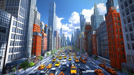 A 3D virtual reality simulation of a city, with detailed buildings, streets, and vehicles, offering a realistic and interactive experience