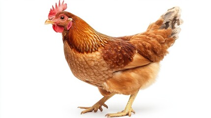 Fototapeta premium a charming chicken looking curiously forward, its full body captured against a clean white background, emphasizing its character and personality in a humorous and endearing way