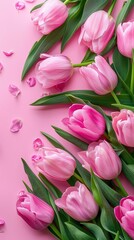 Obraz premium Tulip flowers on soft color background, romantic feminine composition, wedding invitation concept.