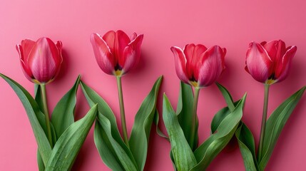 Obraz premium Tulip flowers on soft color background, romantic feminine composition, wedding invitation concept.
