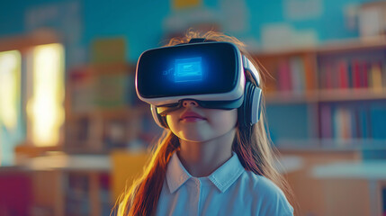 School student with VR headset using AI artificial intelligence technology & machine learning.Interactive technology in classroom. Innovation & smart tech. AI blue hologram in education