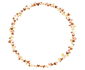 Marco circular / Corona de pequeños corazones sobre fondo blanco hecho a mano con marcadores punta pincel de colores en la gama otoñal. Se puede usar como fondo para escribir una frase adentro