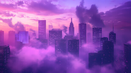 Fototapeta premium Dystopic cyberpunk city with smoke and purple sky. synthwave dystopia. illustrations. Cyberpunk Dystopia. Illustration