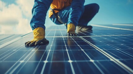 Solar Panels Installation Technician Maintaining Renewable Energy System on Residential Roof