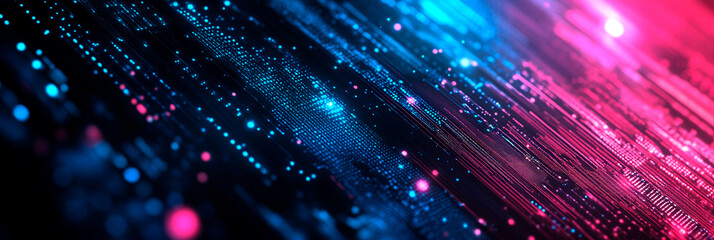 Fototapeta premium Banner in style Abstract tech in form of points and lines of online data flow. Futuristic and dynamic panorama background. Concept of technology development, virtual reality.